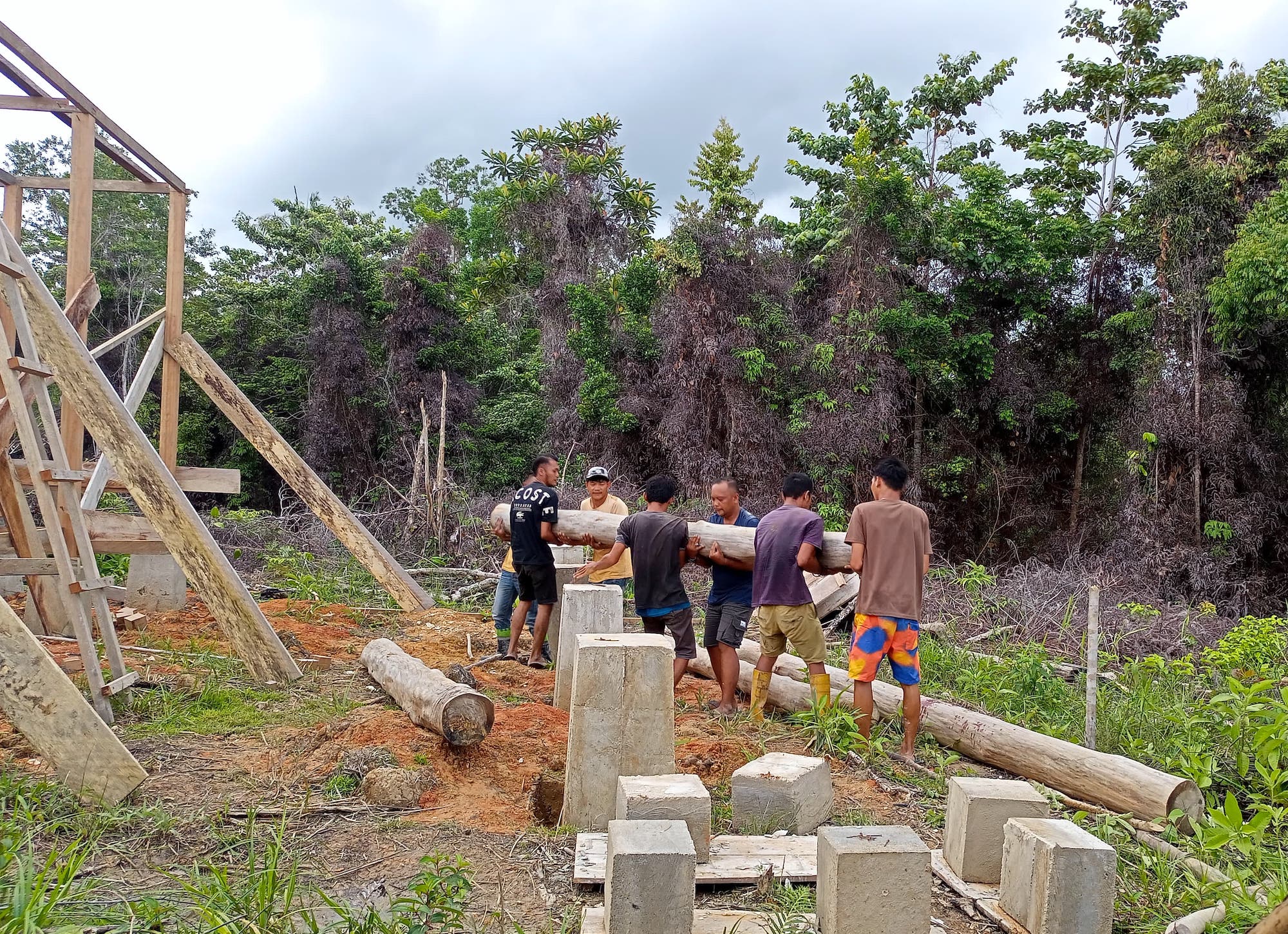 MentawaiCulturalEducationCentre10 Heaving heavy posts up the hill for the Cultural Centre build