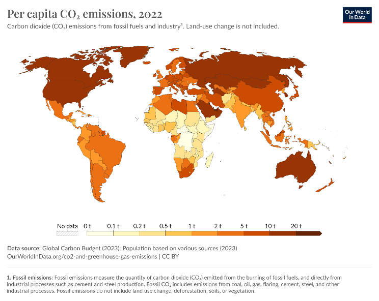 Figure 2 – Per capita CO2 emissions. Australia uses considerably over our fair share of the atmospheric commons. However, this graph still doesn’t include embedded emission from trade. Source: https://ourworldindata.org/grapher/co-emissions-per-capita?tab=chart&country=OWID_WRL~IDN~AUS