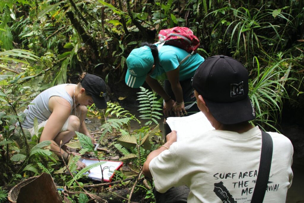 Researchers Santi, Filemon and Sam in the forests of Siberut collecting plant data and photographs used within the book.